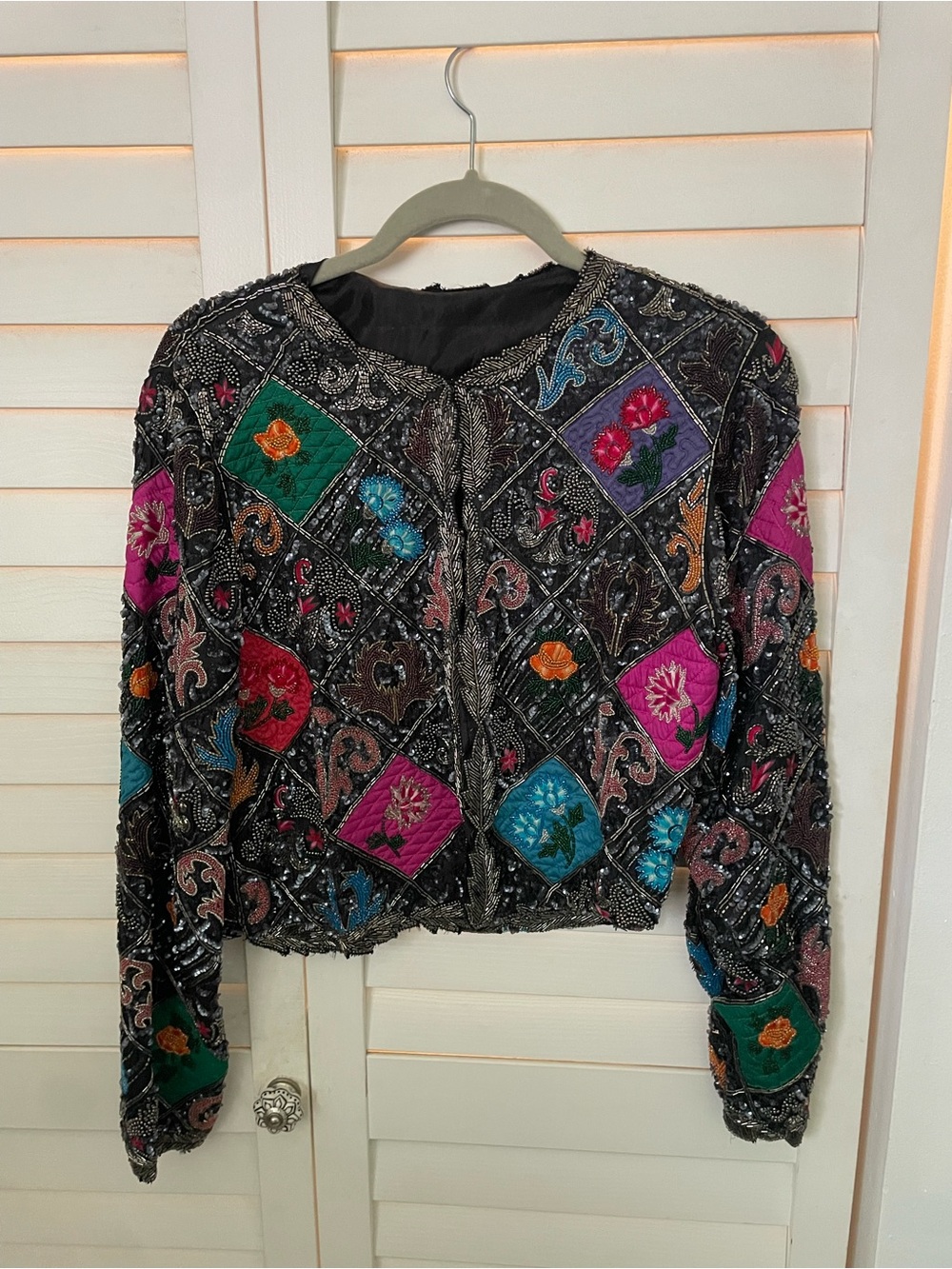 VTG Sequin  Beaded Patchwork Jacket - Black Multicolor Floral Square Size M/L
